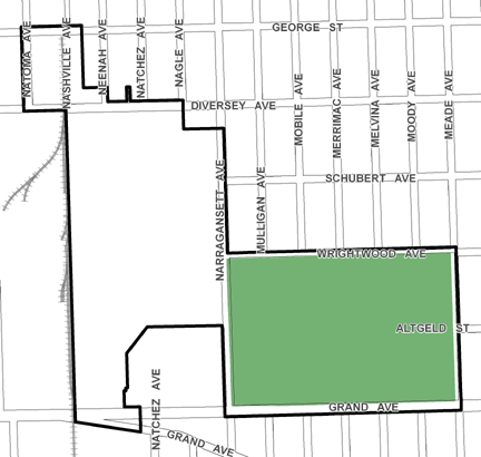 Diversey/Narragansett TIF district, roughly bounded on the north by George Street, Grand Avenue on the south, Meade Avenue on the east, and Natoma Avenue on the west.